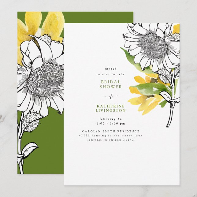 Invitation Fête des mariées d'aquarelle Combo Sunflower (Devant / Derrière)