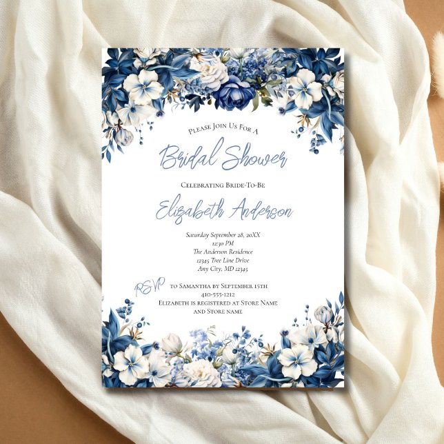 Invitation Fête des mariées d'aquarelle couleur bleu bleu cla (Dusty Blue White Floral Bridal Shower Invitation. Elegant Watercolor. Printed or Digital Download)