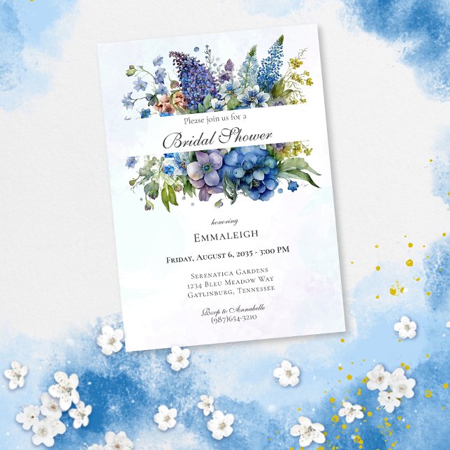 Invitation Fête des mariées d'aquarelle de Bohême bleu violet (Créateur téléchargé)