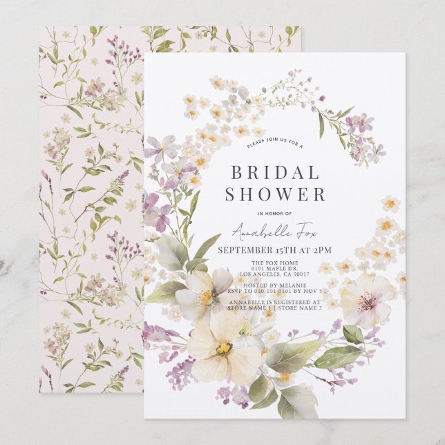 Invitation Fête des mariées d'aquarelle florale blanche et vi (Devant / Derrière)