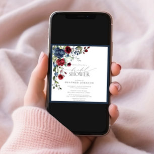 Invitation Fête des mariées d'aquarelle florale Bleu Bourgogn