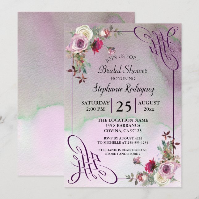 Invitation Fête des mariées d'aquarelle florale de lavande (Devant / Derrière)