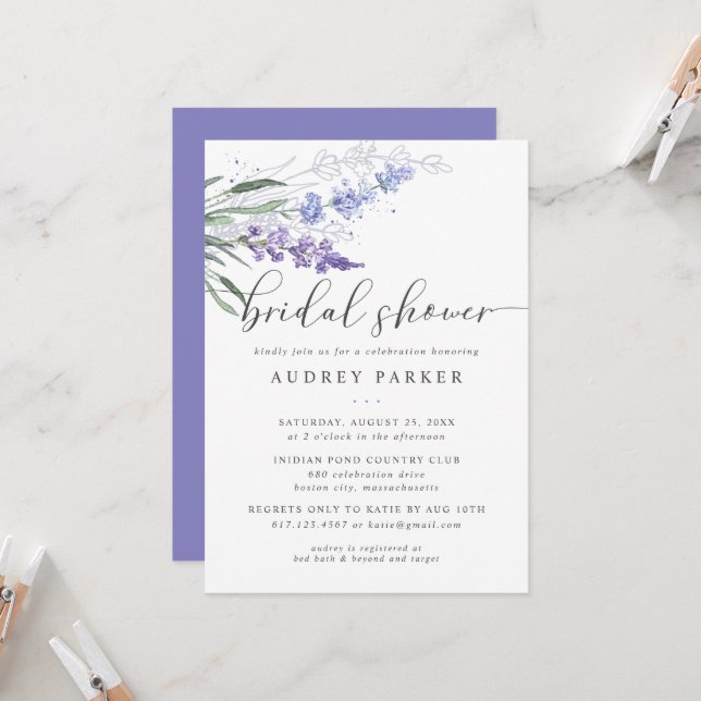Invitation Fête des mariées d'aquarelle florale de lavande ro (Devant/Arrière en situation)