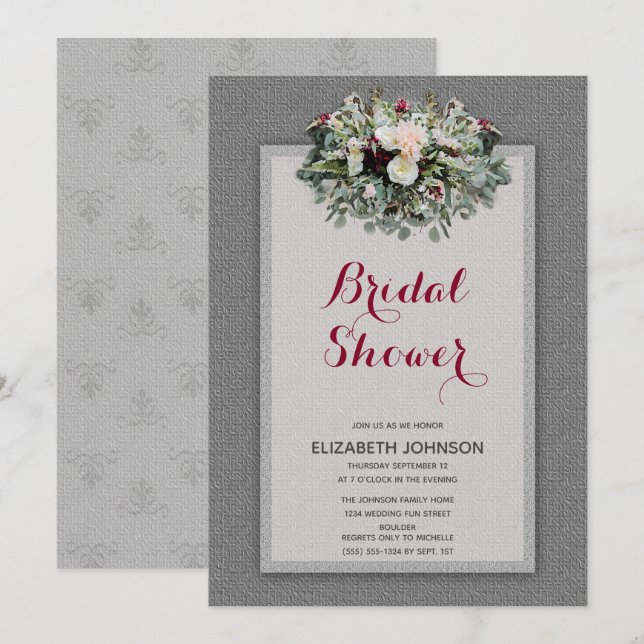 Invitation Fête des mariées d'aquarelle florale gris bordeaux (Devant / Derrière)