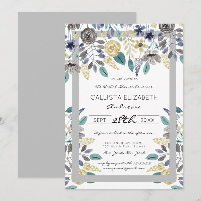 Invitation Fête des mariées d'aquarelle florale gris moderne (Devant / Derrière)