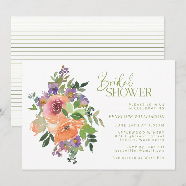 Invitation Fête des mariées d'aquarelle florale orange et vio (Devant / Derrière)