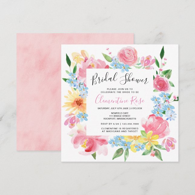 Invitation Fête des mariées d'aquarelle florale rose d'été (Devant / Derrière)