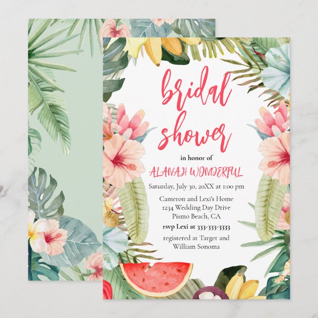 Invitation Fête des mariées d'aquarelle florale tropicale Inv (Devant / Derrière)