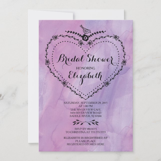 Invitation Fête des mariées d'aquarelle mauve du coeur lunair (Devant)