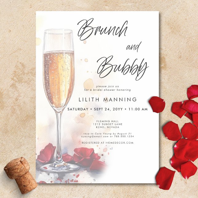 Invitation Fête des mariées d'aquarelle moderne Brunch & Bubb (Modern Brunch & Bubbly Watercolor Bridal Shower Invitation)