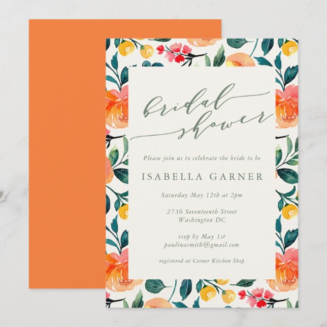 Invitation Fête des mariées d'aquarelle orange rustique (Devant / Derrière)