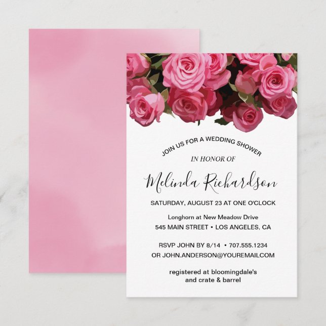 Invitation Fête des mariées d'aquarelle rose fleurie florissa (Devant / Derrière)