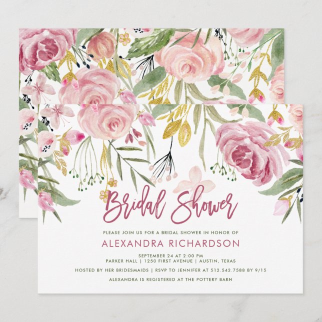 Invitation Fête des mariées d'aquarelle rose rose rose or Flo (Devant / Derrière)