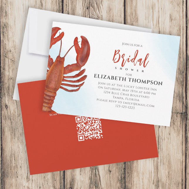 Invitation Fête des mariées d'aquarelle Rouge Homard Code QR (Créateur téléchargé)