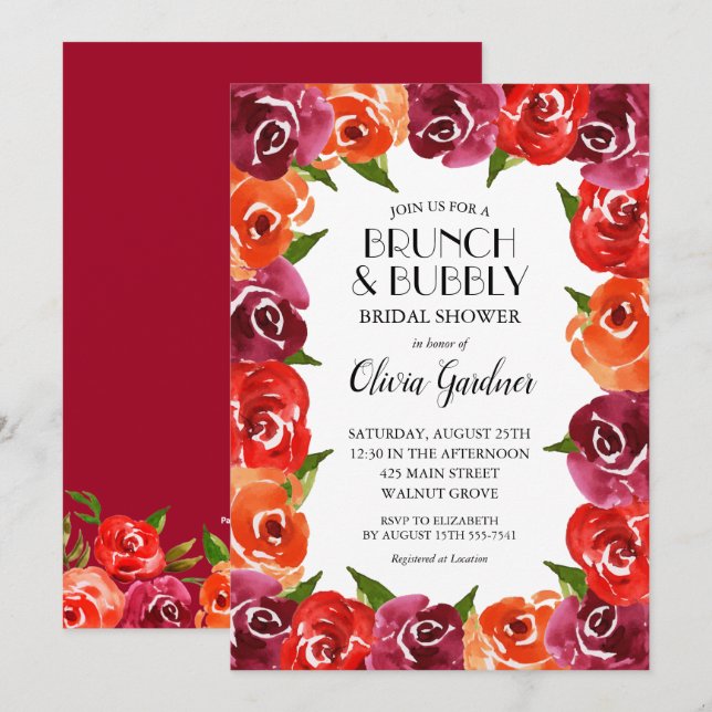 Invitation Fête des mariées d'aquarelle rouge orange Claret (Devant / Derrière)