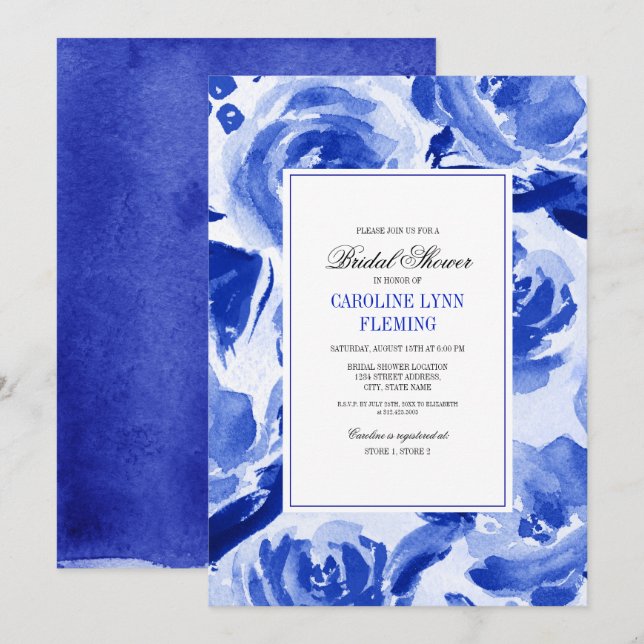 Invitation Fête des mariées d'aquarelle Royal Blue Floral (Devant / Derrière)