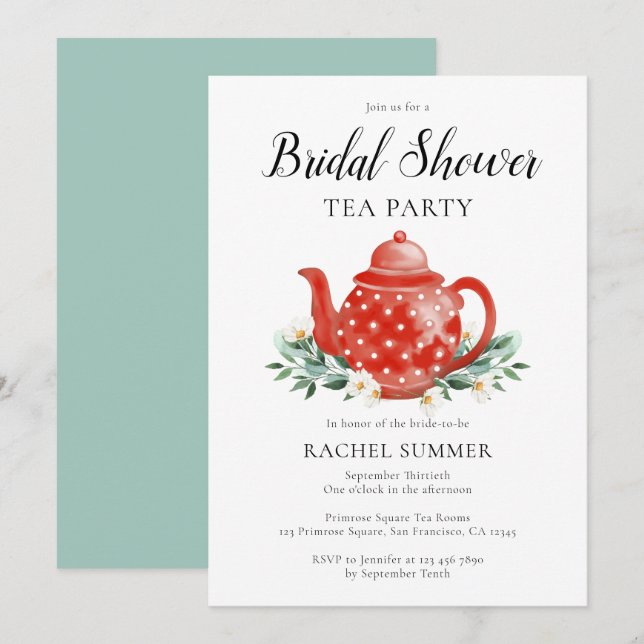 Invitation Fête des mariées d'aquarelle Tea Party (Devant / Derrière)