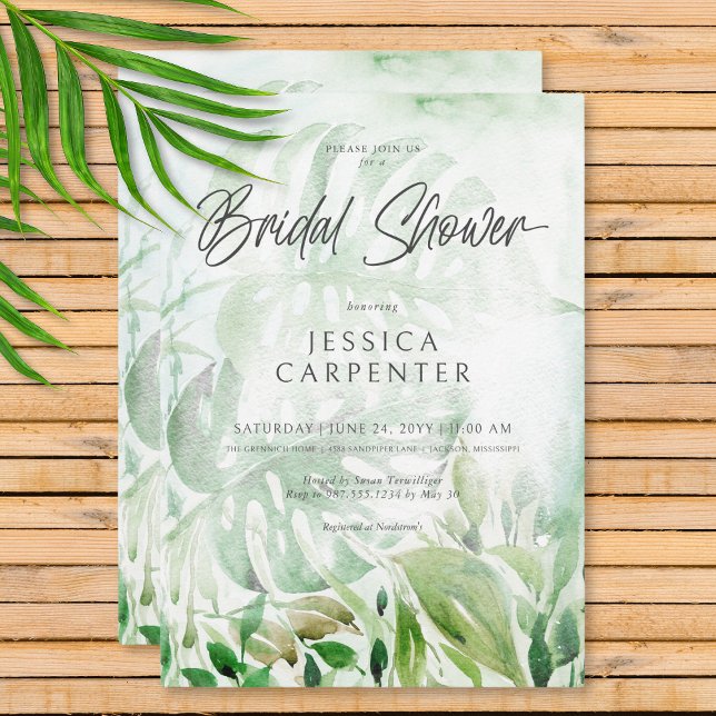 Invitation Fête des mariées d'aquarelle tropicale moderne (Modern Tropical Greenery Watercolor Bridal Shower Invitation)