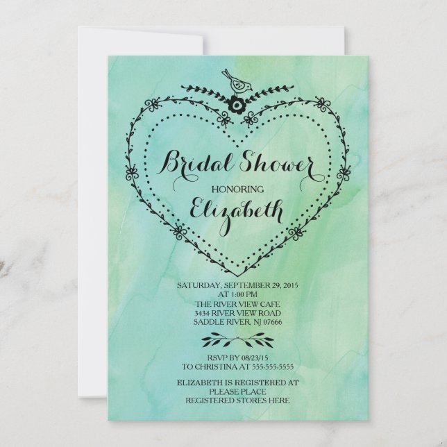Invitation Fête des mariées d'aquarelle verte du coeur lunair (Devant)