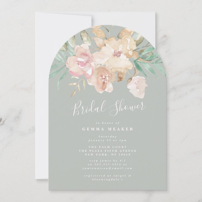 Invitation Fête des mariées d'arc de fleurs d'aquarelle Muet (Devant)