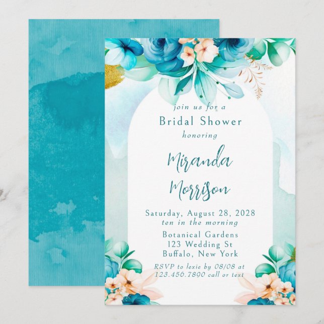 Invitation Fête des mariées d'arc floral turquoise bleu aquar (Devant / Derrière)