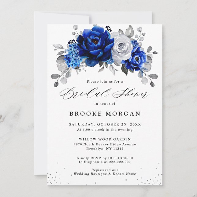 Invitation Fête des mariées d'argent en métal blanc bleu roya (Devant)