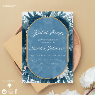 Invitation Fête des mariées d'arrangement floral bleu marine