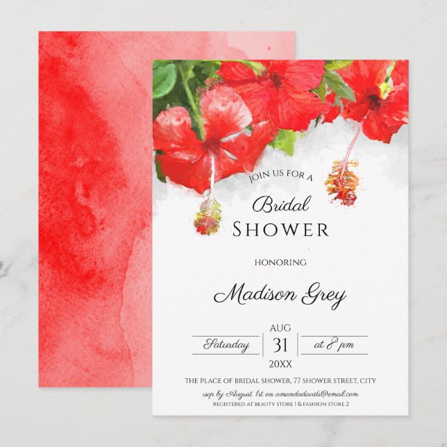 Invitation Fête des mariées d'art Exotique Rouge Hibiscus (Devant / Derrière)