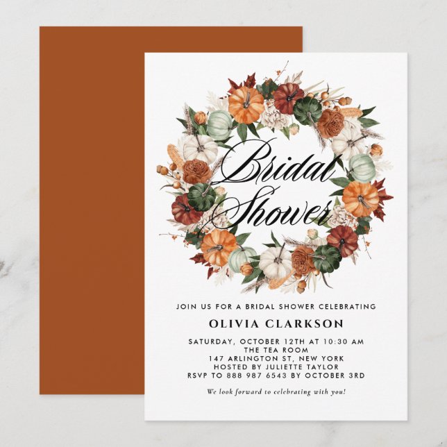 Invitation Fête des mariées d'automne Boho Citrouille Wreath (Devant / Derrière)