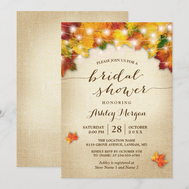 Invitation Fête des mariées d'automne Burlap Chaîne Lumières  (Devant / Derrière)
