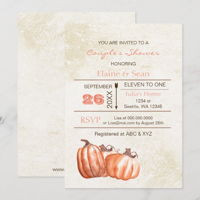 Invitation Fête des mariées d'automne Russe citrouilles aquar (Devant / Derrière)