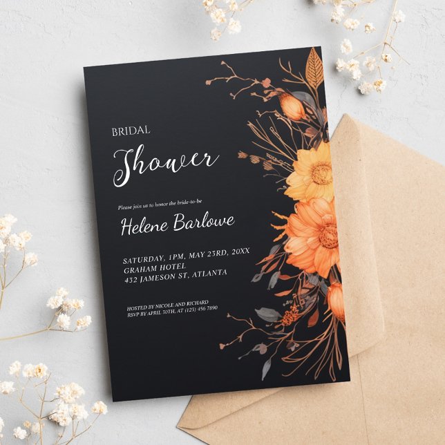 Invitation Fête des mariées de automne moderne de fleurs noir (Modern Black Floral Fall Bridal Shower Invitation)