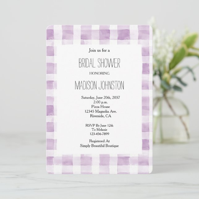 Invitation Fête des mariées de bandes Plaid violet blanc (Debout devant)