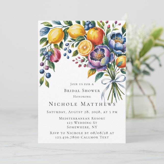 Invitation Fête des mariées de bouquet d'agrumes méditerranée (Debout devant)
