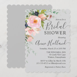 Invitation Fête des mariées de bouquet floral rose et gris