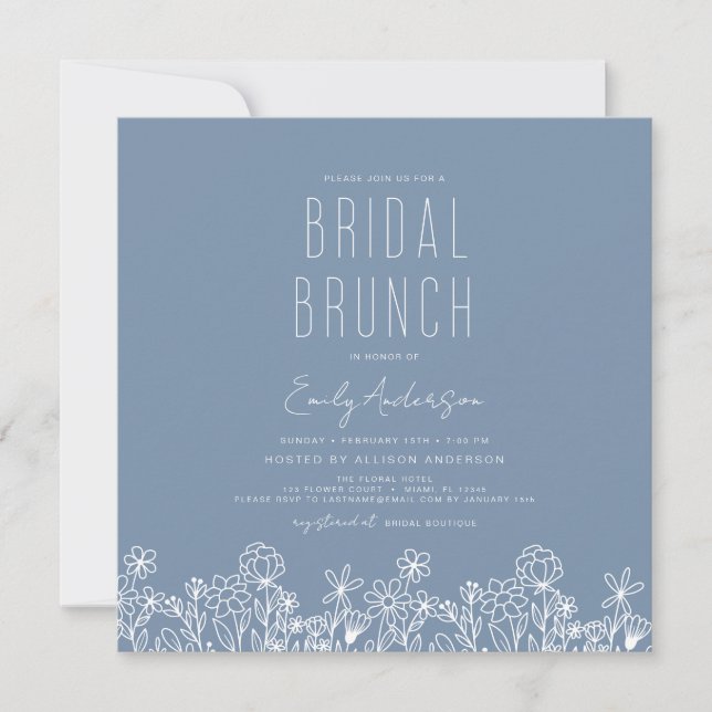 Invitation Fête des mariées de brunch Fleur sauvage bleu Dust (Devant)