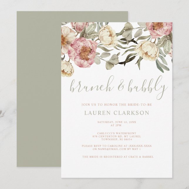 Invitation Fête des mariées de Brunch Floral Rose rose rose S (Devant / Derrière)