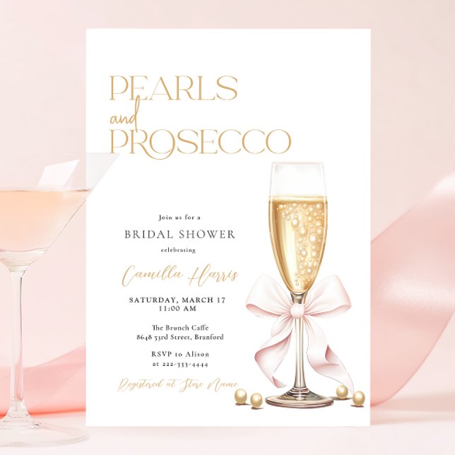 Invitation Fête des mariées de brunch Pink Pearls & Prosecco (Créateur téléchargé)