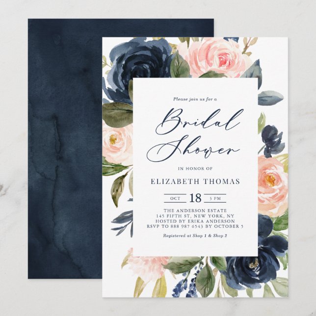 Invitation Fête des mariées de cadre floral Blush & Navy (Devant / Derrière)