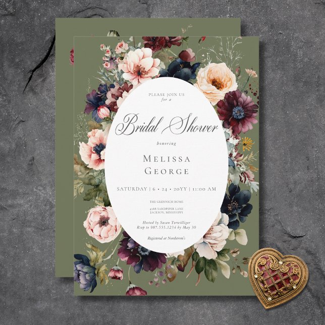 Invitation Fête des mariées de cadre floral ovale vert foncé (Dark Green Oval Floral Frame Bridal Shower Invitation)
