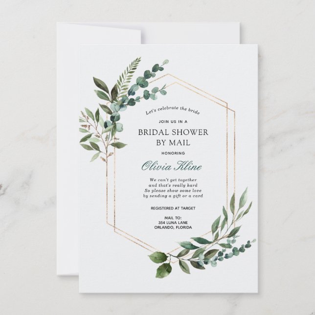 Invitation Fête des mariées de cadre Gold Greenery par courri (Devant)