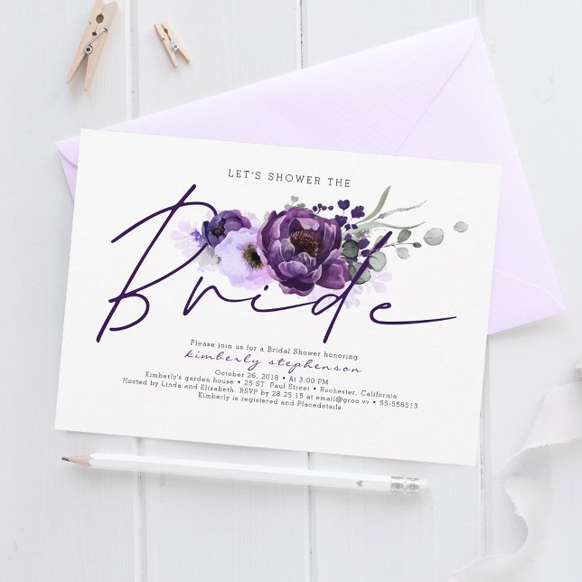 Invitation Fête des mariées de calligraphie florale pourpre d (Purple Flowers Boho Bridal Shower Invitations)