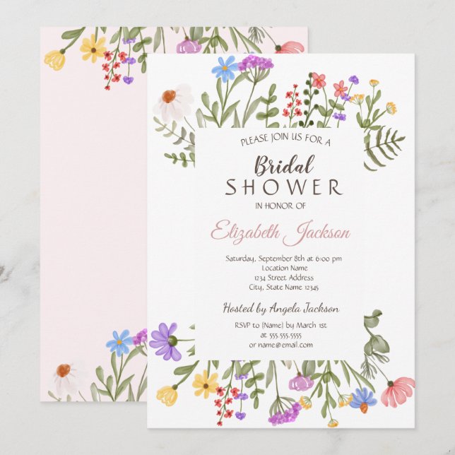 Invitation Fête des mariées de champ de Fleur sauvage aquarel (Devant / Derrière)