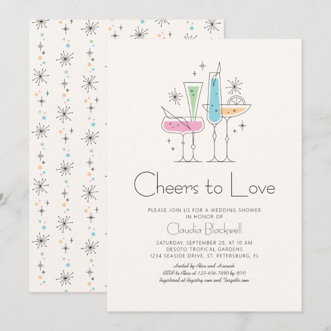 Invitation Fête des mariées de champagne Retro Brunch Bubbly (Devant / Derrière)