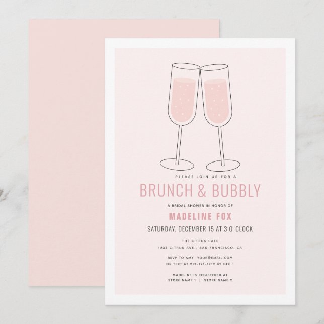 Invitation Fête des mariées de champagne rose brunch & Bubbly (Devant / Derrière)