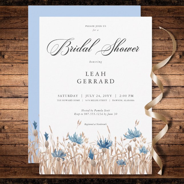 Invitation Fête des mariées de champs de fleurs bleues et de  (Blue Cornflowers & Wheat Field Bridal Shower Invitation)