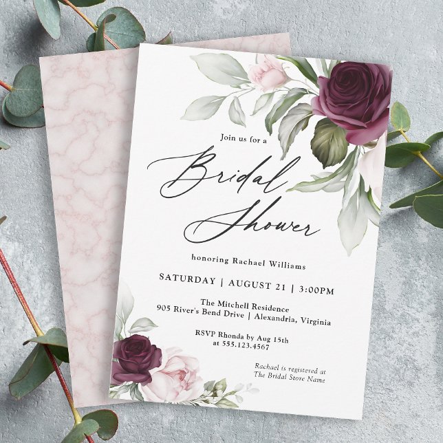 Invitation Fête des mariées de charme botanique rose et prune (A feminine elegant botanical bridal shower invitation to personalize for your shower.)