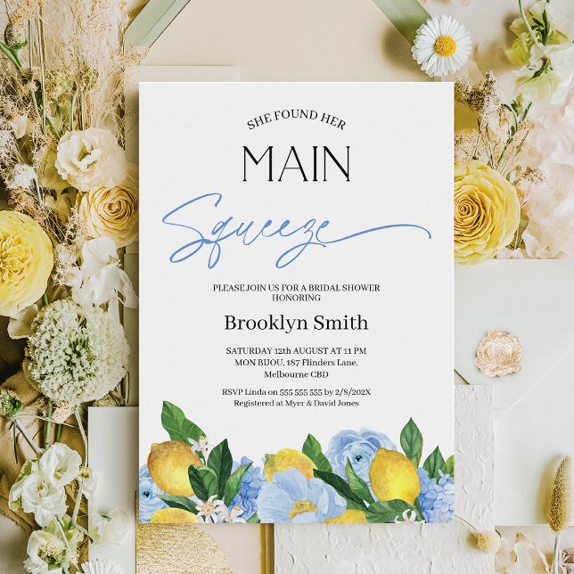 Invitation Fête des mariées de citron bleu floral moderne (Lemon Bridal Shower Invitation Template, She Found Her Main Squeeze Bridal Shower Invitation, Blue )