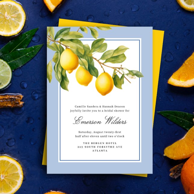 Invitation Fête des mariées de citron méditerranéenne fraîche (Elegant blue and white lemon themed bridal shower invitation. Photo by Mohammad Metri on Unsplash)