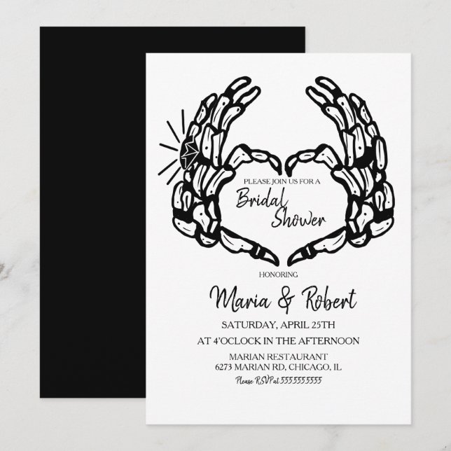 Invitation Fête des mariées de coeur de squelette noir (Devant / Derrière)